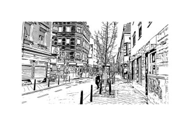 Print Building view with landmark of Mannheim is the city of Germany. Vektörde elle çizilmiş çizim çizimi.