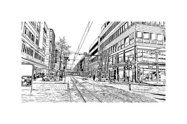 Print Building view with landmark of Mannheim is the city of Germany. Vektörde elle çizilmiş çizim çizimi.