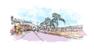 Malibu 'nun simgesi olan Print Building View Kaliforniya' da bulunmaktadır. Vektörde elle çizilmiş resim ile suluboya sıçraması.