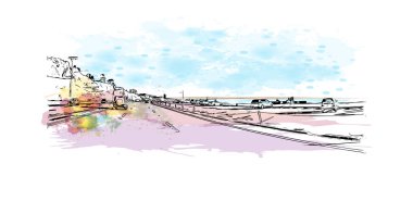 Malibu 'nun simgesi olan Print Building View Kaliforniya' da bulunmaktadır. Vektörde elle çizilmiş resim ile suluboya sıçraması.