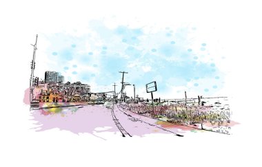 Malibu 'nun simgesi olan Print Building View Kaliforniya' da bulunmaktadır. Vektörde elle çizilmiş resim ile suluboya sıçraması.