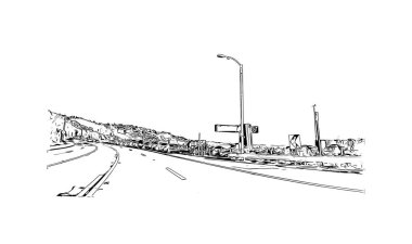 Malibu 'nun simgesi olan Print Building View Kaliforniya' da bulunmaktadır. Vektörde elle çizilmiş çizim çizimi.