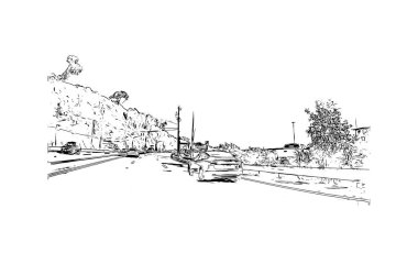 Malibu 'nun simgesi olan Print Building View Kaliforniya' da bulunmaktadır. Vektörde elle çizilmiş çizim çizimi.