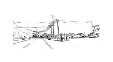 Malibu 'nun simgesi olan Print Building View Kaliforniya' da bulunmaktadır. Vektörde elle çizilmiş çizim çizimi.