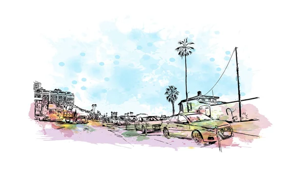 马利布的标志性建筑是加州的一个城市 矢量手绘示意图水彩画 — 图库矢量图片