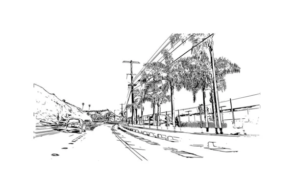 Print Building View Landmark Malibu Staden Kalifornien Handritad Skiss Illustration — Stock vektor