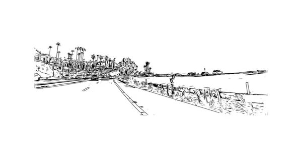Vytisknout Pohled Budovu Orientačním Bodem Malibu Město Kalifornii Ručně Kreslená — Stockový vektor