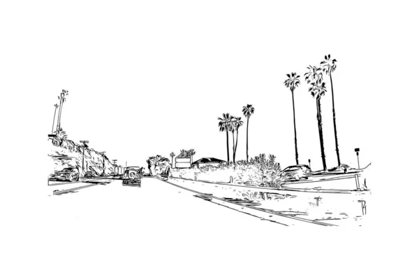 Malibu Nun Simgesi Olan Print Building View Kaliforniya Bulunmaktadır Vektörde — Stok Vektör