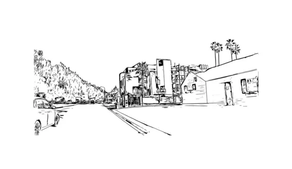 Imprimir Vista Del Edificio Con Hito Malibú Ciudad California Dibujo — Vector de stock