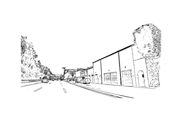 Print Building View Landmark Malibu Staden Kalifornien Handritad Skiss Illustration — Stock vektor