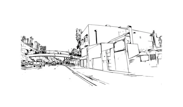 Vytisknout Pohled Budovu Orientačním Bodem Malibu Město Kalifornii Ručně Kreslená — Stockový vektor