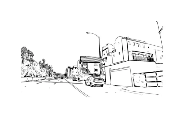 Print Building View Landmark Malibu City California Hand Drawn Sketch — Stock Vector