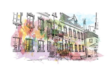 Print Building view of Malmo, İsveç 'in güneyinde yer alan bir sahil kentidir. Vektörde elle çizilmiş resim ile suluboya sıçraması.