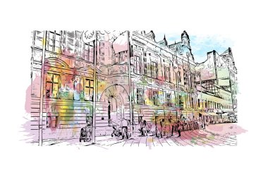 Print Building view of Malmo, İsveç 'in güneyinde yer alan bir sahil kentidir. Vektörde elle çizilmiş resim ile suluboya sıçraması.