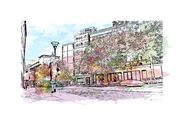 Print Building view of Malmo, İsveç 'in güneyinde yer alan bir sahil kentidir. Vektörde elle çizilmiş resim ile suluboya sıçraması.