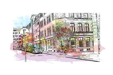 Print Building view of Malmo, İsveç 'in güneyinde yer alan bir sahil kentidir. Vektörde elle çizilmiş resim ile suluboya sıçraması.