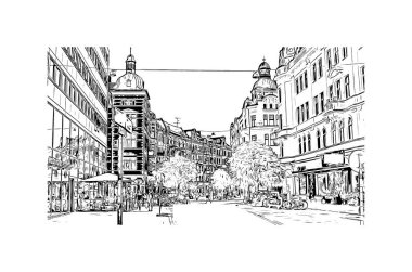 Print Building view of Malmo, İsveç 'in güneyinde yer alan bir sahil kentidir. Vektörde elle çizilmiş çizim çizimi.