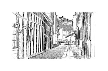 Print Building view of Malmo, İsveç 'in güneyinde yer alan bir sahil kentidir. Vektörde elle çizilmiş çizim çizimi.