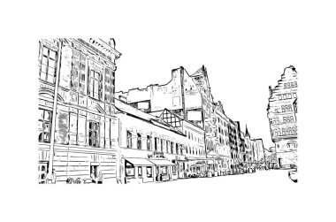 Print Building view of Malmo, İsveç 'in güneyinde yer alan bir sahil kentidir. Vektörde elle çizilmiş çizim çizimi.