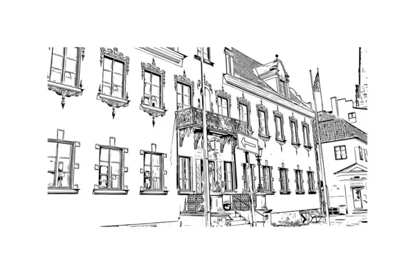 印刷マルモのランドマークとビルディングビューは 南スウェーデンの沿岸都市です 手描きのスケッチ図ベクトル — ストックベクタ