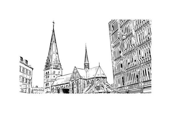 Print Building view of Malmo, İsveç 'in güneyinde yer alan bir sahil kentidir. Vektörde elle çizilmiş çizim çizimi.