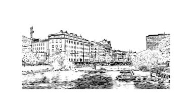 Print Building view of Malmo, İsveç 'in güneyinde yer alan bir sahil kentidir. Vektörde elle çizilmiş çizim çizimi.