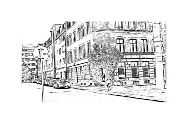 Print Building view of Malmo, İsveç 'in güneyinde yer alan bir sahil kentidir. Vektörde elle çizilmiş çizim çizimi.