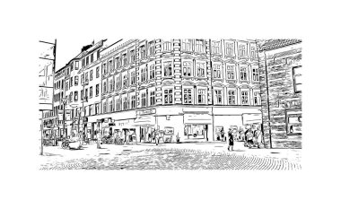 Print Building view of Malmo, İsveç 'in güneyinde yer alan bir sahil kentidir. Vektörde elle çizilmiş çizim çizimi.