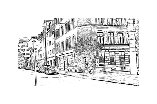 Print Building view of Malmo, İsveç 'in güneyinde yer alan bir sahil kentidir. Vektörde elle çizilmiş çizim çizimi.