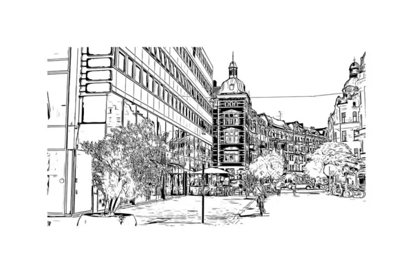 Print Building View Landmark Malmö Kuststad Södra Sverige Handritad Skiss — Stock vektor