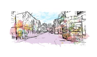 Manacor 'un simgesi olan Print Building View, İspanya' da bir şehirdir. Vektörde elle çizilmiş resim ile suluboya sıçraması.