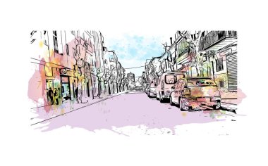 Manacor 'un simgesi olan Print Building View, İspanya' da bir şehirdir. Vektörde elle çizilmiş resim ile suluboya sıçraması.