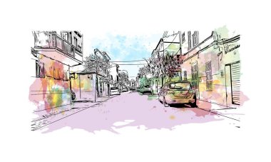 Manacor 'un simgesi olan Print Building View, İspanya' da bir şehirdir. Vektörde elle çizilmiş resim ile suluboya sıçraması.