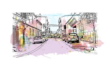 Manacor 'un simgesi olan Print Building View, İspanya' da bir şehirdir. Vektörde elle çizilmiş resim ile suluboya sıçraması.