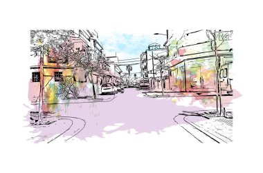 Manacor 'un simgesi olan Print Building View, İspanya' da bir şehirdir. Vektörde elle çizilmiş resim ile suluboya sıçraması.