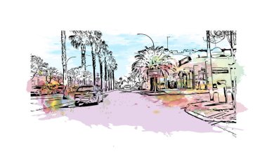 Manacor 'un simgesi olan Print Building View, İspanya' da bir şehirdir. Vektörde elle çizilmiş resim ile suluboya sıçraması.