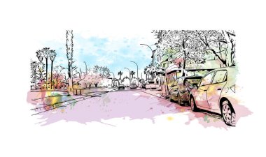 Manacor 'un simgesi olan Print Building View, İspanya' da bir şehirdir. Vektörde elle çizilmiş resim ile suluboya sıçraması.