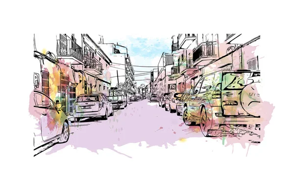 Drukuj Widok Budynku Znakiem Rozpoznawczym Manacor Miasto Hiszpanii Akwarela Plusk — Wektor stockowy