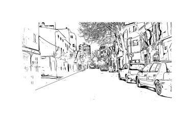 Manacor 'un simgesi olan Print Building View, İspanya' da bir şehirdir. Vektörde elle çizilmiş çizim çizimi.