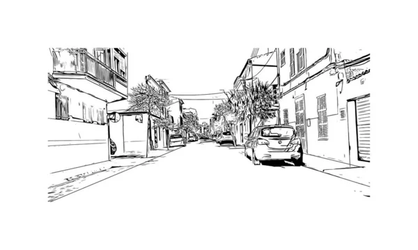 Vytisknout Pohled Budovu Orientačním Bodem Manacoru Město Španělsku Ručně Kreslená — Stockový vektor