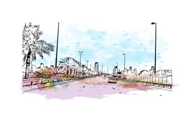 Manama 'nın simgesi olan Print Building view, Bahreyn' in başkentidir. Vektörde elle çizilmiş resim ile suluboya sıçraması.