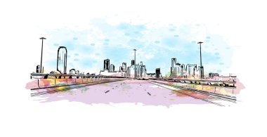 Manama 'nın simgesi olan Print Building view, Bahreyn' in başkentidir. Vektörde elle çizilmiş resim ile suluboya sıçraması.