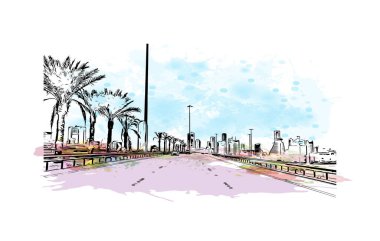 Manama 'nın simgesi olan Print Building view, Bahreyn' in başkentidir. Vektörde elle çizilmiş resim ile suluboya sıçraması.