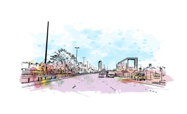 Manama 'nın simgesi olan Print Building view, Bahreyn' in başkentidir. Vektörde elle çizilmiş resim ile suluboya sıçraması.