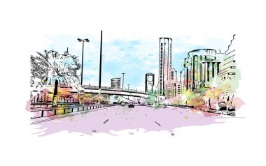 Manama 'nın simgesi olan Print Building view, Bahreyn' in başkentidir. Vektörde elle çizilmiş resim ile suluboya sıçraması.