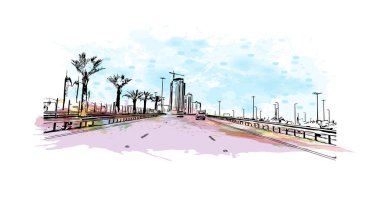 Manama 'nın simgesi olan Print Building view, Bahreyn' in başkentidir. Vektörde elle çizilmiş resim ile suluboya sıçraması.