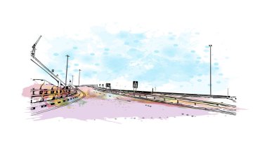 Manama 'nın simgesi olan Print Building view, Bahreyn' in başkentidir. Vektörde elle çizilmiş resim ile suluboya sıçraması.