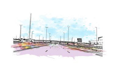 Manama 'nın simgesi olan Print Building view, Bahreyn' in başkentidir. Vektörde elle çizilmiş resim ile suluboya sıçraması.