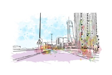 Manama 'nın simgesi olan Print Building view, Bahreyn' in başkentidir. Vektörde elle çizilmiş resim ile suluboya sıçraması.