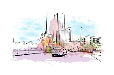 Manama 'nın simgesi olan Print Building view, Bahreyn' in başkentidir. Vektörde elle çizilmiş resim ile suluboya sıçraması.